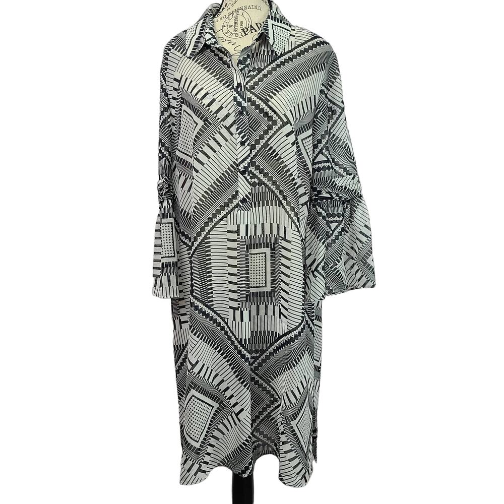 Catherine Malandrino Amine Geo Print Bell Sleeve Slit Sides Tunic Long Blouse